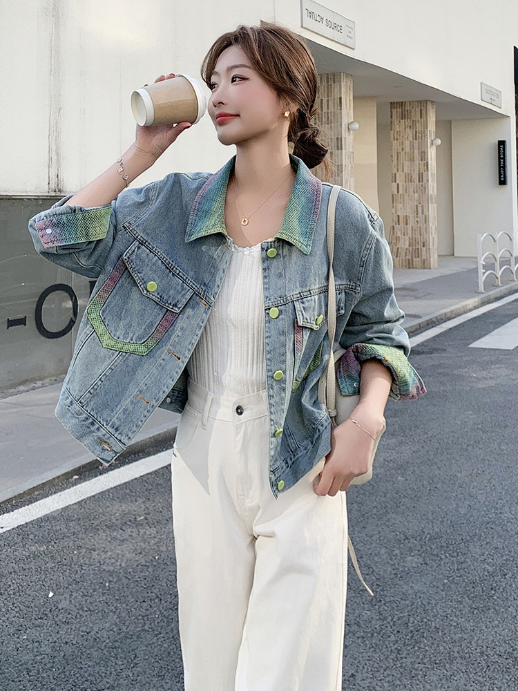 促销2025春季时髦休闲潮流气质宽松百搭彩色翻领单排扣牛仔短外套,女装牛仔外套,蝶眷