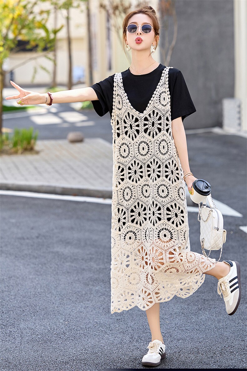 慵懒松弛感连衣裙女夏季2025新款韩版宽松遮肚显瘦蕾丝裙子两件套,女装套装/套裙,丽美静依