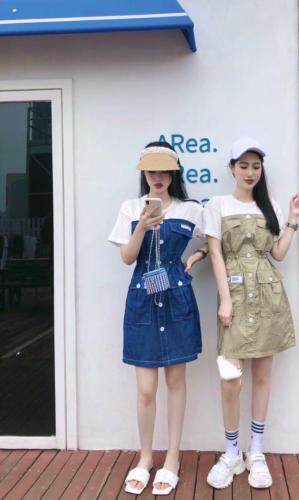 夏季新款 拼接牛仔连衣裙,女装连衣裙,多来