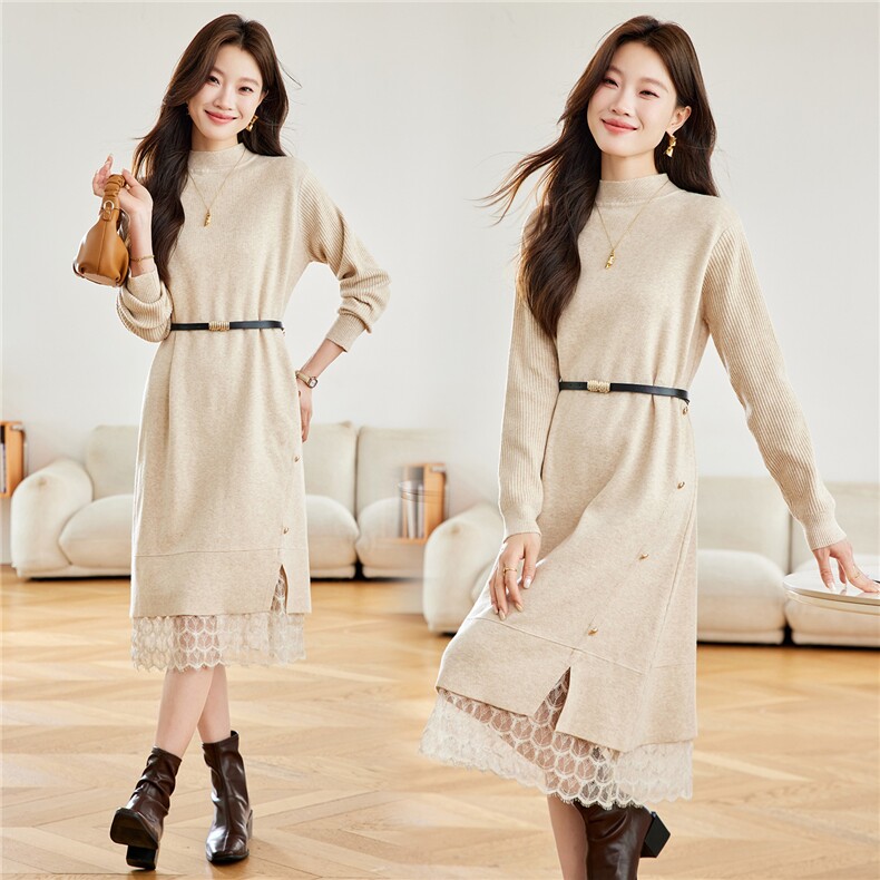 蕾丝拼接腰带半高领针织连衣裙女2025秋冬新款宽松显瘦打底毛衣裙，女装羊毛衫，艾米