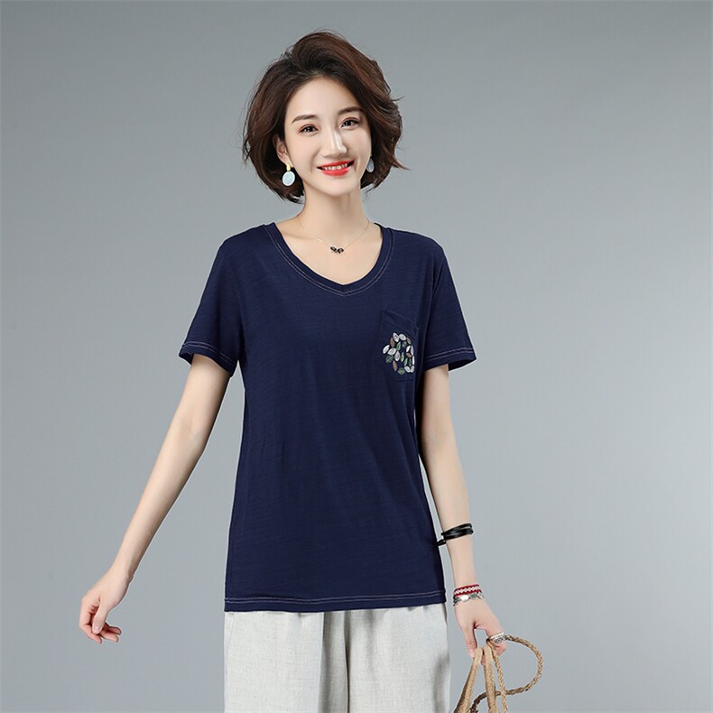 2021夏季新款大码女装V领短袖T恤宽松显瘦舒适百搭上衣，女装大码女装，秋牧寒烟