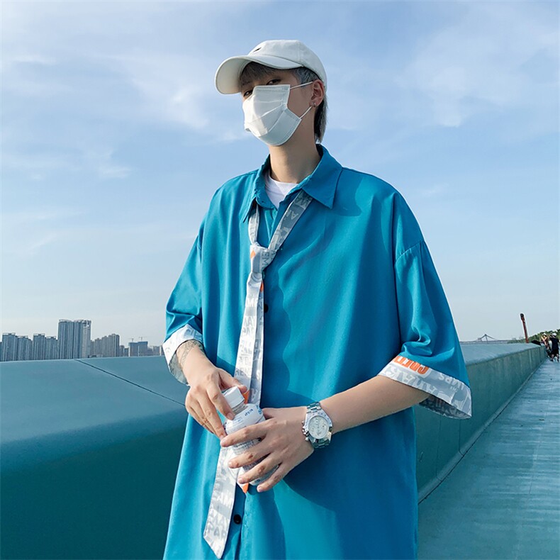 送领带衬衫男韩版潮流短袖拼色2022夏季新款ins宽松外套W2966-P32,男装衬衫,星座412-2