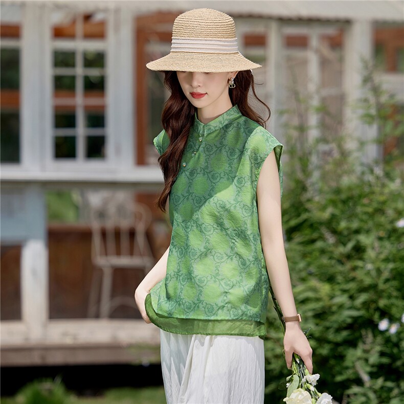 新中式国风巨好看女2025夏新款气质提花无袖上衣阔腿裤,女装衬衫,慕依路