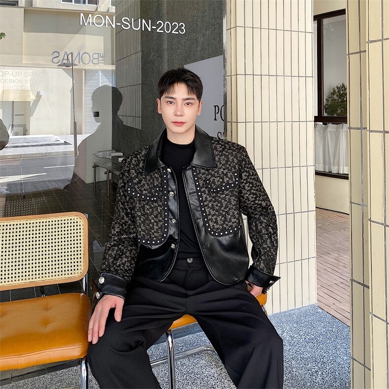 时尚复古暗黑PU拼接设计款休闲夹克高级感外套上衣男293-P165,男装夹克,电商A345