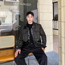 时尚复古暗黑PU拼接设计款休闲夹克高级感外套上衣男293-P165，男装夹克，电商A345