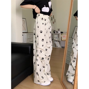 白色可爱狗爪休闲裤女2025新款小个子夏季薄款宽松直筒高腰阔腿裤图片