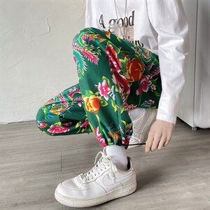 CK203春装新款东北大花民族特色风休闲哈伦运动裤束脚九分裤图片