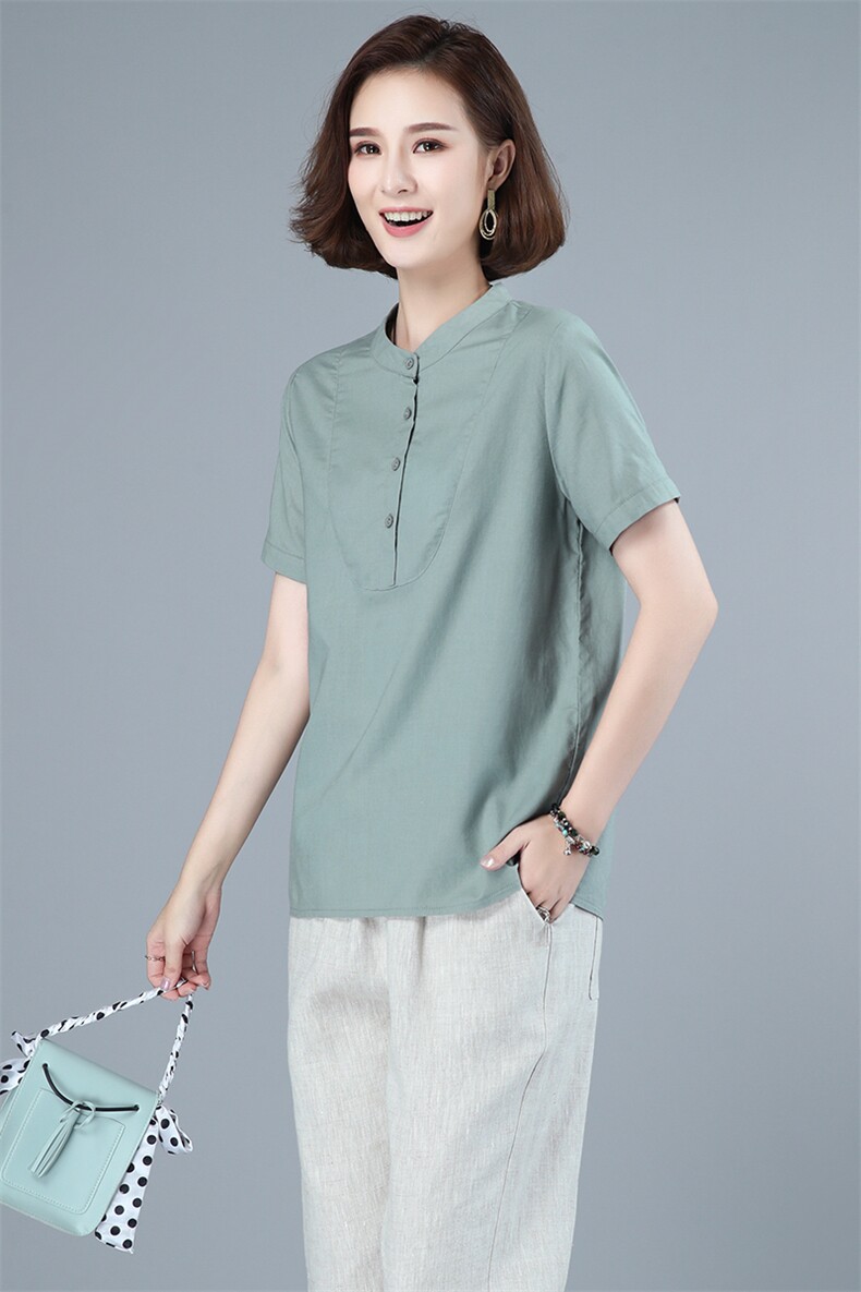 2021年夏季新款棉麻衬衫女纯色短袖立领套头小衫短袖韩版上衣通勤,女装衬衫,伊满意