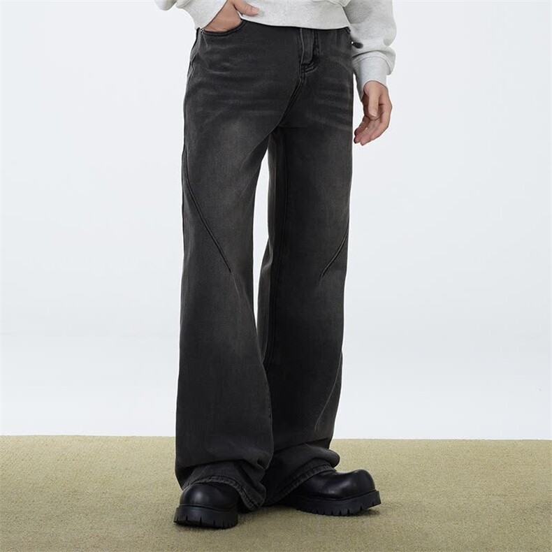 2024时尚美式高街做旧水洗纯色弯刀线条微喇宽松直筒牛仔裤NA177,男装牛仔裤,星座506