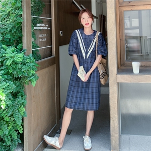 蕾丝拼接蓝色格子连衣裙女夏2025新款森系复古小个子衬衫裙爆款图片