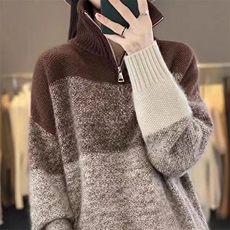 秋冬拉链高领100%羊毛衫女复古撞色长袖毛衣宽松慵懒羊绒针织打底，女装针织衫/毛衣，萱芳婷羊绒