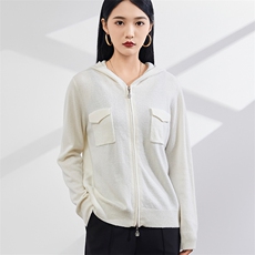 时尚百搭秋冬新款羊绒双兜拉链长袖帽衫，女装羊绒衫，美够羊绒