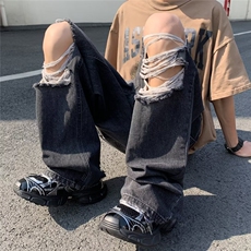 高街大破洞牛仔裤男夏季潮牌宽松阔腿痞帅hiphop裤子X842-P46，男装牛仔裤，星座1001-1
