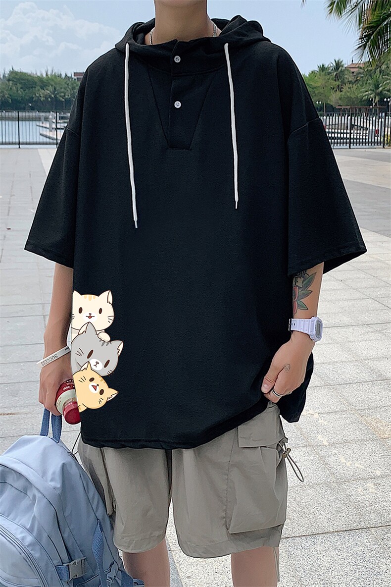 LD54164-P45连帽短袖t恤男大码胖子带帽五分袖中袖,男装T恤,电商A040
