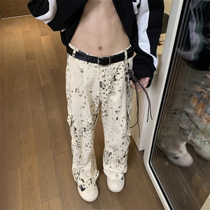 美式豹纹大口袋工装牛仔裤男高街痞帅hiphop休闲慵懒风直筒阔腿裤图片
