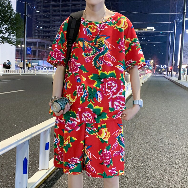 TZ203男女休闲东北大花短袖圆领T恤衫短裤可套装单选团队服风,男装休闲套装,星座115A(原星座507）