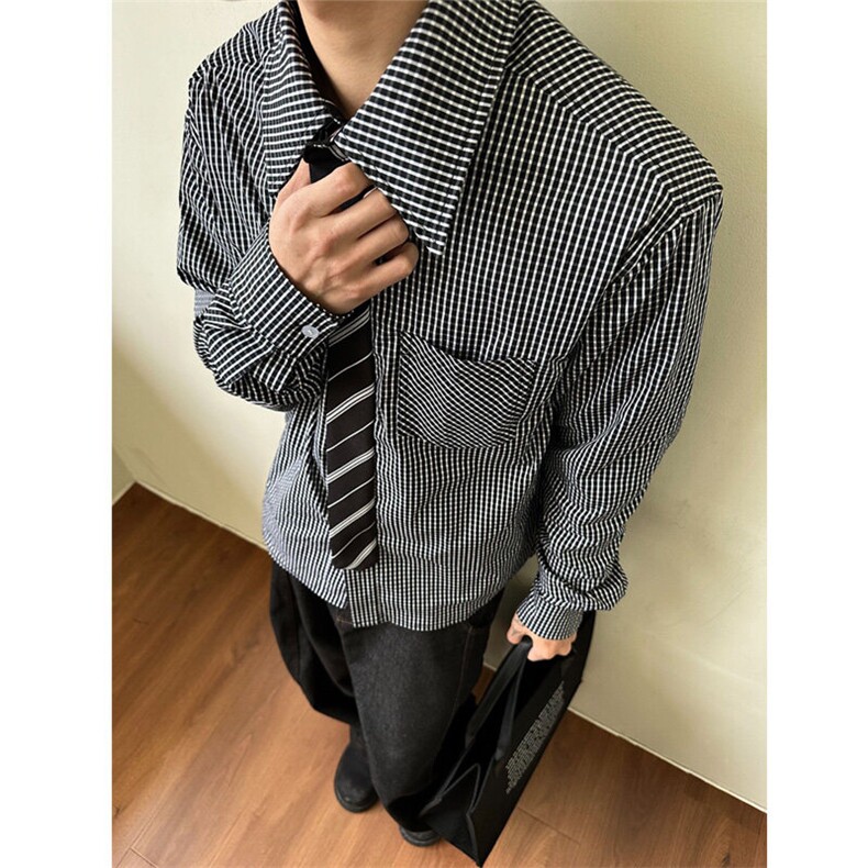 春季新款领带拼接格子衬衫高级设计感宽松长袖男女,男装衬衫,星座506A
