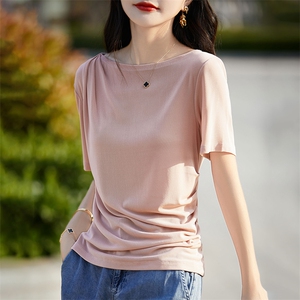 醋酸短袖T恤衫女士优雅气质一字领螺纹褶皱上衣丝滑凉感半袖体恤图片