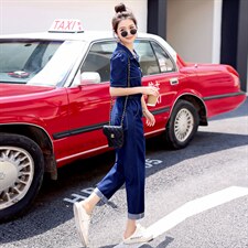 2024夏季新款简约时尚个性气质翻领抽绳收腰显瘦牛仔连体长裤，女装连体裤，瑶迪依秀