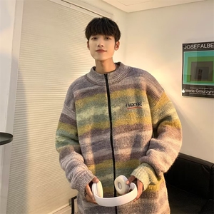 渐变条纹针织衫男秋冬季美式潮牌开衫毛衣立领宽松氛围YZ507-P70图片