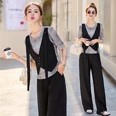 设计感假两件上衣阔腿裤套装女2025年夏季新款洋气减龄显瘦两件套，女装套装/套裙，秀美人生