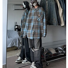 长袖格子衬衫男女少年感穿搭日系复古高街潮牌休闲衬衣外套情侣，男装衬衫，星座506A