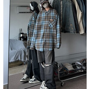 长袖格子衬衫男女少年感穿搭日系复古高街潮牌休闲衬衣外套情侣图片