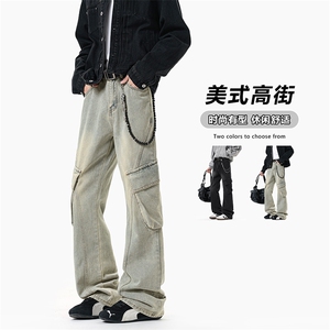 无影墙 A2188TP55控88-美式工装微喇牛仔裤男水洗做旧复古裤子图片