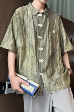 703-C332-P65夏季天丝提花炒色风休闲衬衫新中式短袖，男装T恤，星座703