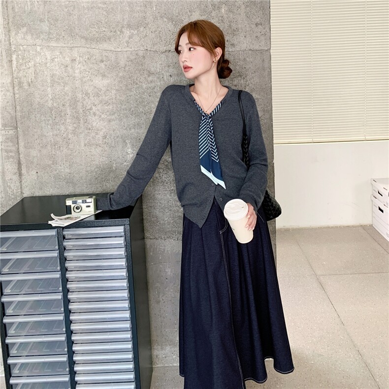 韩系轻熟风套装女2025秋季新款气质慵懒针织开衫高腰半身裙两件套,女装套装/套裙,2D145