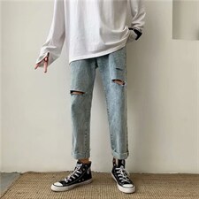 破洞f牛仔裤男宽松九分裤男士韩版潮流修身休闲百搭帅气9023-p35图片