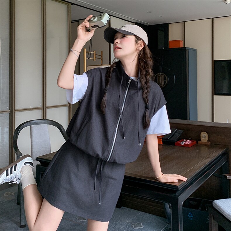 灰色立领马甲T恤短裙三件套女2025夏季新款时尚小个子搭配一整套,女装套装/套裙,2C093