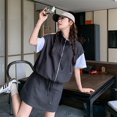 灰色立领马甲T恤短裙三件套女2025夏季新款时尚小个子搭配一整套，女装套装/套裙，2C093