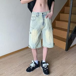 日系复古简约水洗做旧牛仔短裤男女夏季宽松直筒阔腿五分休闲裤子图片
