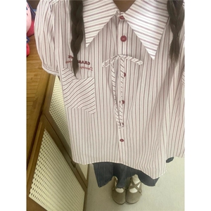 日系文艺少女感条纹短袖衬衫女夏季miu系穿搭衬衣小个子短款上衣图片