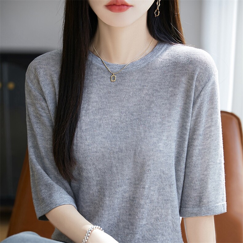 夏季新款圆领五分袖针织T恤中袖上衣女时尚宽松五分袖纯色外搭T恤,女装T恤,暖烁羊绒