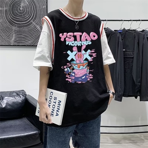 假两件休闲T恤衫2023夏季新款韩版宽松美式篮球服上衣 T1267-P28图片