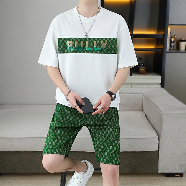 新款短袖t恤套装男夏季薄款休闲运动服潮牌印花华夫格短裤两件套,男装休闲套装,星座1801