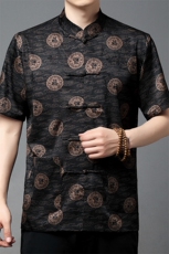 香云纱唐装男中老年夏季短袖衬衫真丝风夏装爸爸装上衣，男装T恤，钱塘723