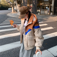 新款现货小个子撞色菱形格棉衣，女装棉衣/棉服，菡迪欧娜