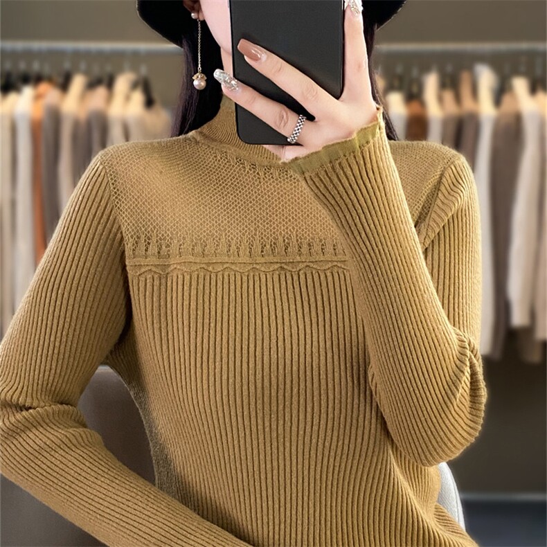 时尚欧根纱拼接针织衫修身显瘦长袖毛衣优雅气质女装上衣,针织衫/毛衣,暖姿羊绒