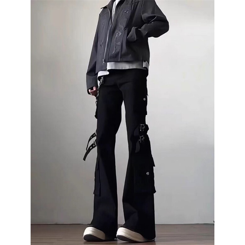 黑色vibe绑带工装牛仔裤男cleanfit高街修身微喇裤子L83599-P60,男装牛仔裤,星座1008
