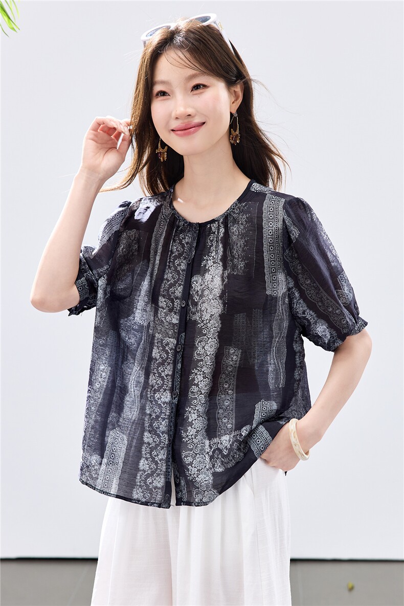 现货2026夏装新款透气亲肤凉爽女士花衬衣,女装衬衫,木子恋