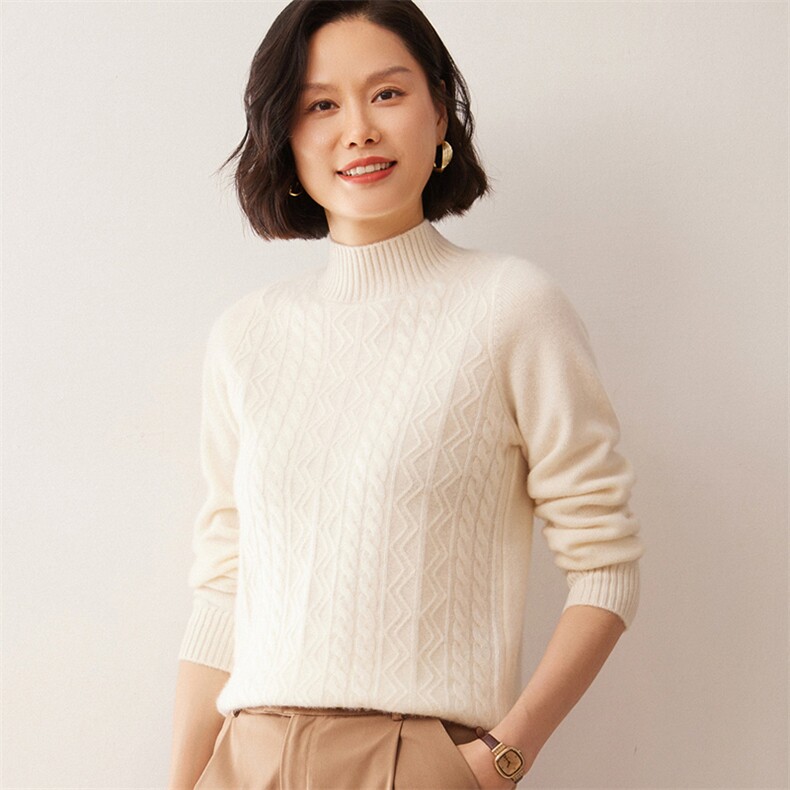 2025秋冬新款35%山羊绒女士7针双股花型半高领羊绒衫,女装羊绒衫,拓驰羊绒