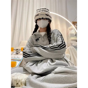 美式炸街休闲运动服套装女学生春秋宽松立领半拉链卫衣裤子图片