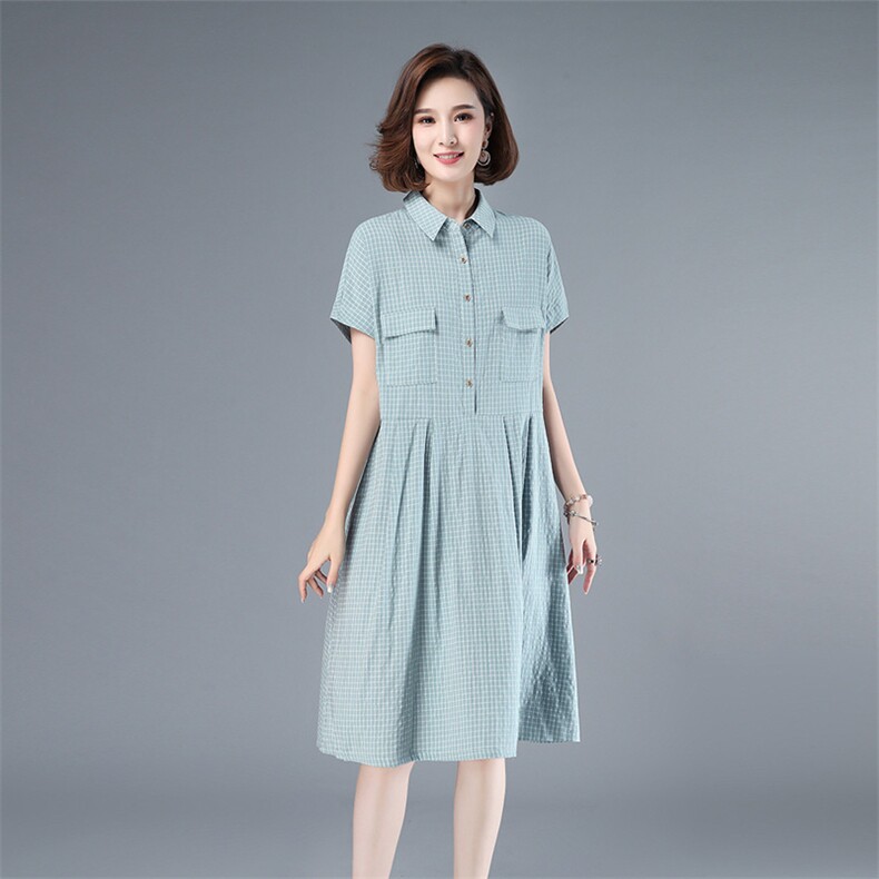2021年夏季中长款格子套头A字裙妈妈装连衣裙POLO领韩版裙子高腰,女装连衣裙,伊满意