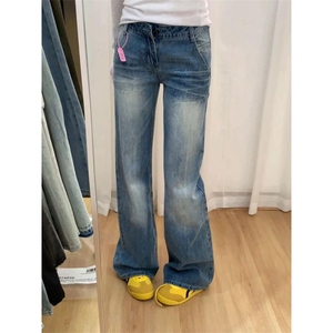 复古低腰直筒牛仔裤女春秋小个子显瘦磨白微喇窄脚长裤子 NC6694图片