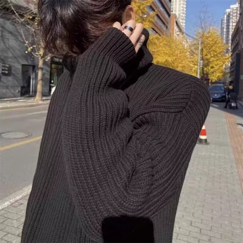 高领毛衣男秋冬季慵懒美式情侣针织衫oversize纯黑色毛线 M1835图片