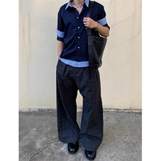 现货蓝色格子拼接翻领长袖上衣情侣款男女假两件衬衫CX03-TP45，男装衬衫，星座910A