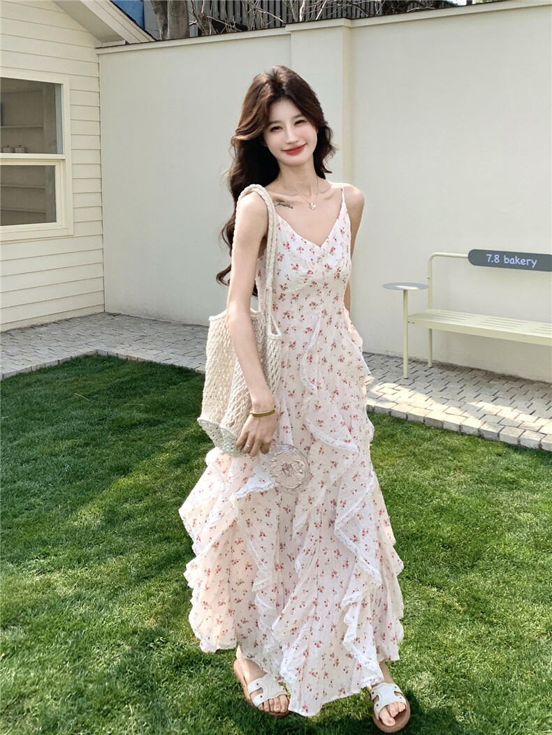 【现货】小清新碎花蕾丝花边吊带连衣裙P165-K268，女装连衣裙，浙宝128A